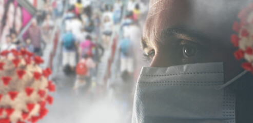 concept of corona virus with many people in the background and one in front with a mask. a European German young man, 33 years old, with face mask. 3d-illustration