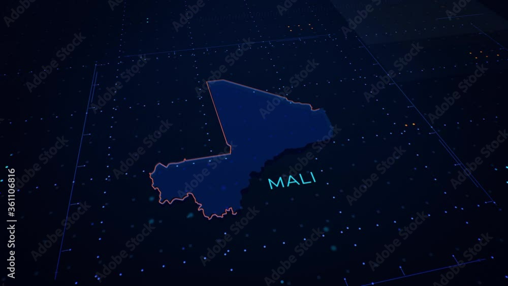 Poster 3d render of mali map. camera flying through digital space.