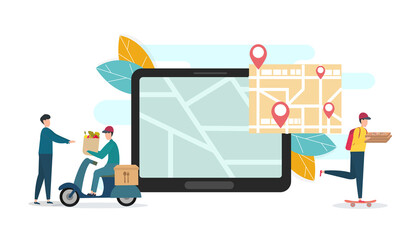 Delivery guys and map on digital tablet - Powered by Adobe