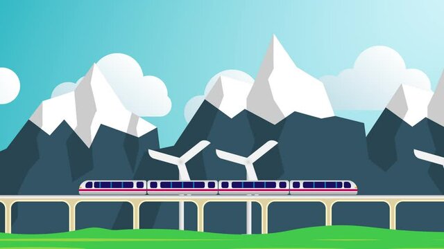 Train travelling in mountain landscape with wind turbine , cartoon animation , 4k video .