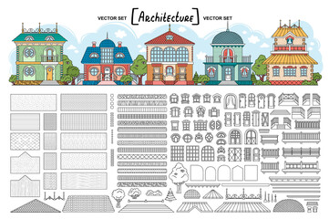 Vector set with architectural details for building houses. Isolated line walls, basement, windows, doors, roofing, cornices, stairs and decor elements for use in your design - 361107273