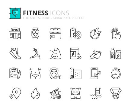 Simple set of outline icons about fitness
