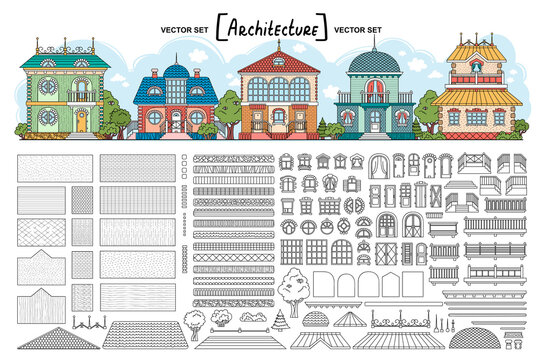 Vector set with architectural details for building houses. Isolated line walls, basement, windows, doors, roofing, cornices, stairs and decor elements for use in your design
