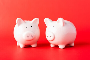 International Friendship Day, Front two small white fat piggy bank, studio shot isolated on red background and copy space for use, Finance, deposit saving money concept