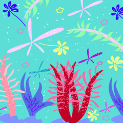 Fototapeta na wymiar Doodle background pattern of sea plants and colorful leaves
