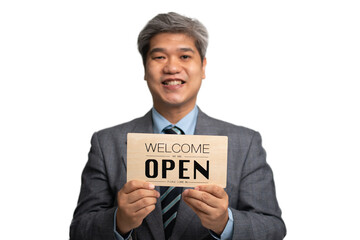 Asian businessman not wear medical masks on the isolated background and holding welcome we are open sign. The concept of businesses and shops has to open after the situation is back to normal.