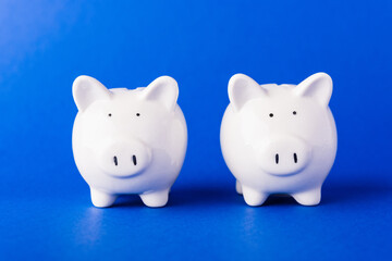 International Friendship Day, Front two small white fat piggy bank, studio shot isolated on dark blue background and copy space for use, Finance, deposit saving money concept