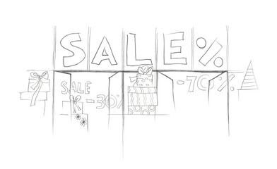 Obraz premium Christmas sale shop window. Sketch. Simple pencil drawing