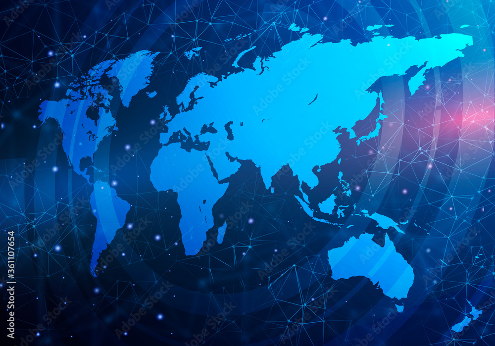 Aufkleber illustration with world map and global connections network grid on blue background