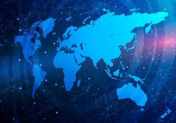 Illustration with world map and global connections network grid on blue background