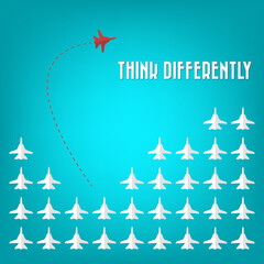 Think different. Think differently concept. Red airplane changing direction. New idea, change, trend, courage, creative solution, innovation and unique way concept.	