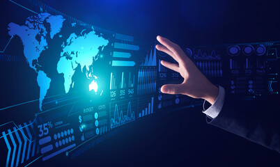 Business and technologies. Collage of male hand touching virtual screen with economic data, blue...