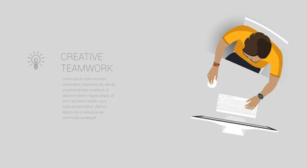 Flat design web page concept for creative business process and business strategy, teamwork. Trendy vector illustration home office and outsource mock up for website and mobile app.