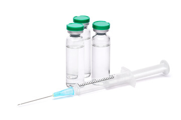 medical ampules with medicine or vaccine and syringe isolated on white background with clipping path