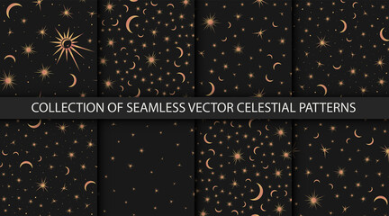 Collection of 8 night sky seamless patterns. Space With Stars, suns and moons. Vector astrological celestial Illustrations