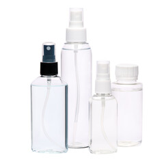 group of hand sanitizer spray bottles isolated on white background