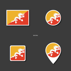 Bhutan flag icon set in different shape ( rectangle, circle, square and marker icon ) on dark grey background. Bhutan sticker flag collection on barely dark background.