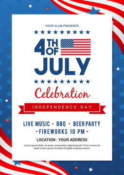 4th of July poster templates Vector illustration. USA flag waving frame on blue star pattern background. Flyer design