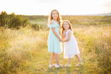 Naklejka na ściany i meble Two adorable girls sisters having fun outdoors.
