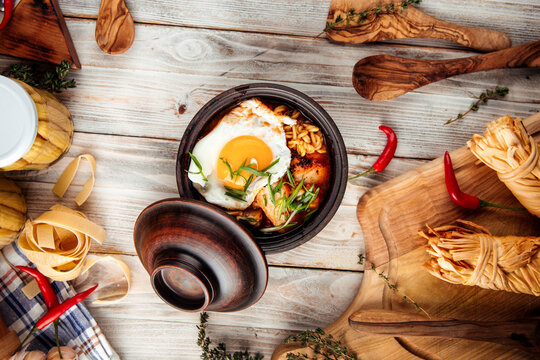 Hot korean chocken ramen noodles with fried egg
