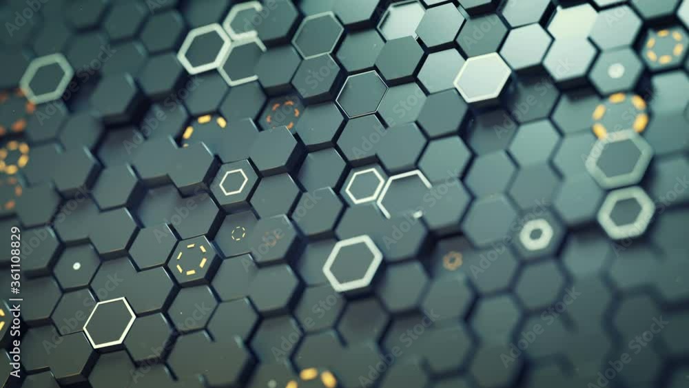 Poster randomly arranged hexagons. abstract futuristic technology background. seamless loop 3d render anima