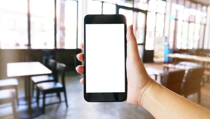 Close up of women's hands holding cell telephone blank copy space screen. smart phone with...