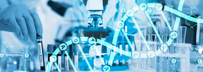 multi exposure of coronavirus COVID 19 infected blood sample in sample tube in hand of scientist in coronavirus covid 19 vaccine research laboratory with DNA strain and plasma blood,vaccine concept