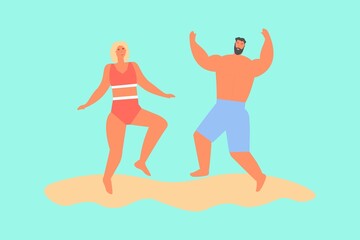 Fototapeta na wymiar A woman and a man jumping with happiness on the beach. Cartoon vector illustration