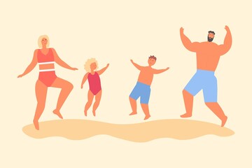 Happy family on the beach captured in a jump. Joint family vacation. Cartoon vector illustration