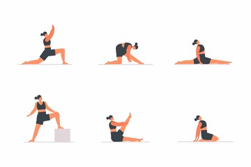 Wellness exercise. yoga and pilates practices. Set of cartoon vector illustration on isolated background