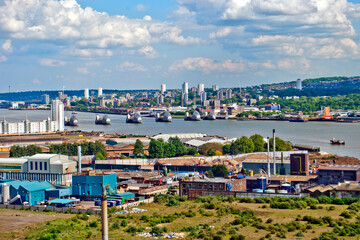 Thames flood barrier on the river in Greenwich East London England UK