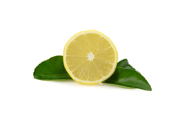 Lemon fruit slice with leaf isolated on white background