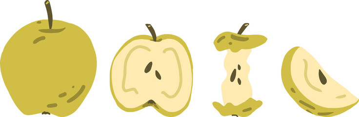 Green apple, apple slice, half of apple, apple stub vector clipart set hand drawn childish flat style isolated on white background.