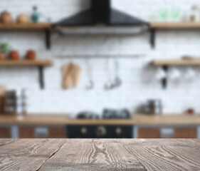Empty wooden table in modern kitchen interior