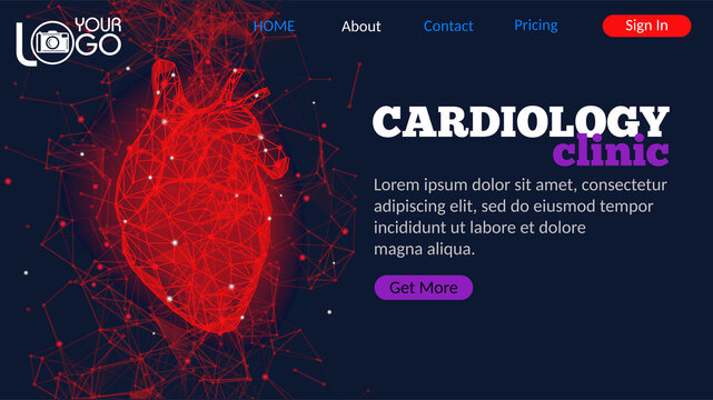Cardiology clinic landing page. Futuristic medical concept with red human heart. Abstract geometric design with plexus effect on blue background. Healthcare and cardiology banner with copy space.