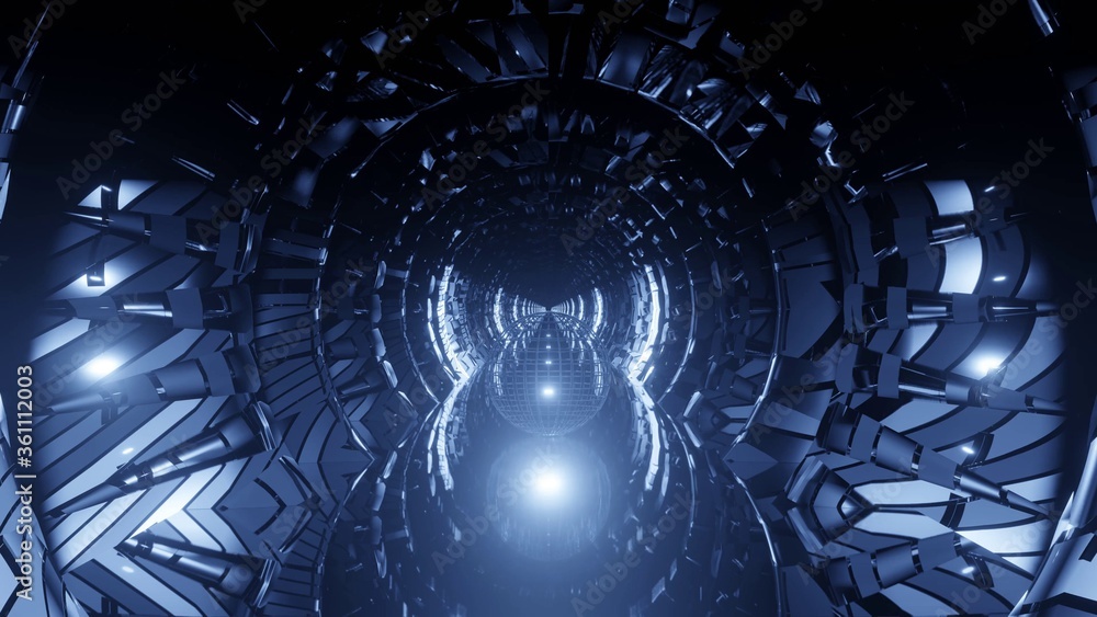 Poster abstract illustration of a mechanical sci-fi tunnel with mesh ball