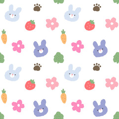 Seamless Pattern with Cartoon Rabbit Face, Paw, Carrot, Flower, Leaf and Strawberry Illustration on White Background