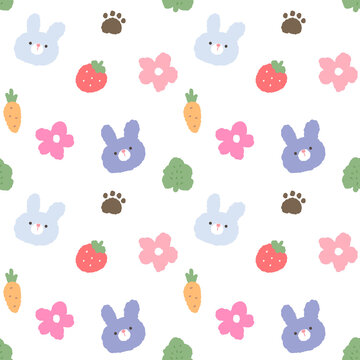 Seamless Pattern with Cartoon Rabbit Face, Paw, Carrot, Flower, Leaf and Strawberry Illustration on White Background