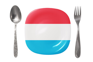 Plate with the Luxembourg flag. An empty plate with a spoon and fork on a white background. Isolated image