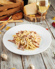 Italian spaghetti carbonara pasta with ham
