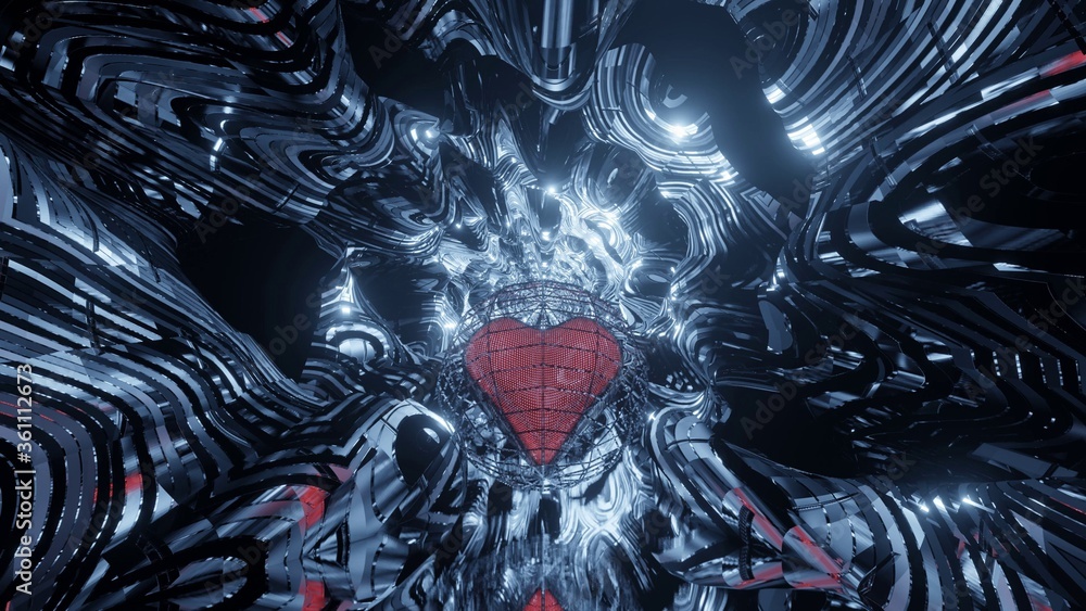 Poster abstract illustration of a metallic psychedelic tunnel with a heart in a sphere