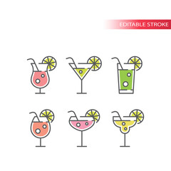 Cocktail glasses colorful vector icons set. Martini, mojito, margarita cocktails with straw and lemon slice, outline editable stroke icon set.