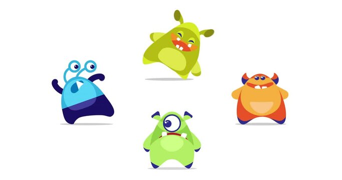 Animation of cute Monsters dancing. Cartoon, clip art for Party.