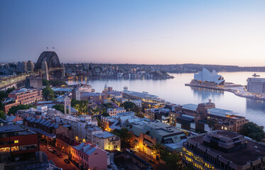 sunrise, Aerial view of Sydney with Harbour Bridge, Australia