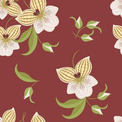 Vector floral seamless pattern. Tropical background with hand drawn orchid flowers, buds and green leaves on red background. Vintage botanical texture. Simple repeat design for wallpapers, print © Bereletik Art