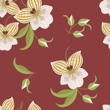Vector floral seamless pattern. Tropical background with hand drawn orchid flowers, buds and green leaves on red background. Vintage botanical texture. Simple repeat design for wallpapers, print
