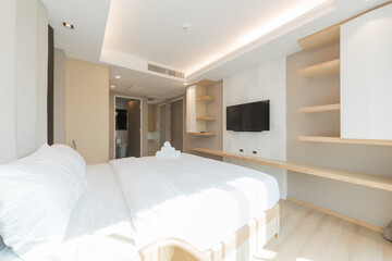 Modern peaceful Bedroom interior design in apartment.