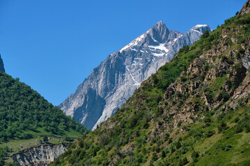 alpine gorge and snowy mountains