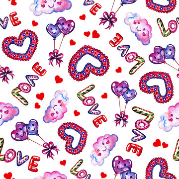 Fototapeta Valentine's day love pattern with hearts, inscriptions, clouds, balloons