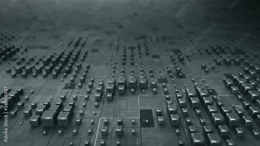 Poster dolly shot of metallic blocks on plane. abstract futuristic industry concept. seamless loop 3d rende